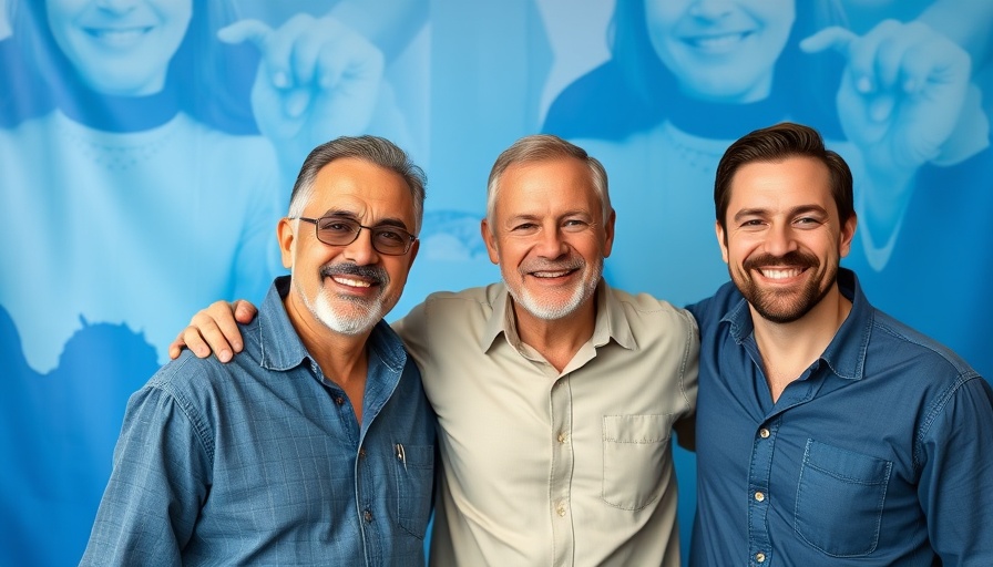 Men smiling at Austin community events with a blue backdrop.