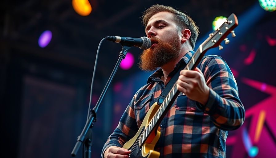 Bearded musician performing live on stage at Austin community event.