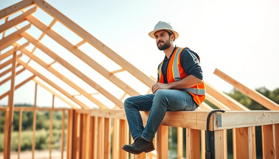 Construction worker in safety gear on incomplete house frame, symbolizing builder confidence in Houston housing market.