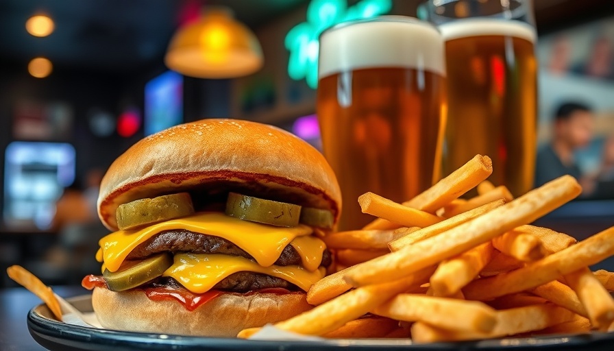 Cheeseburger and fries with beer in Austin restaurant opening setting.