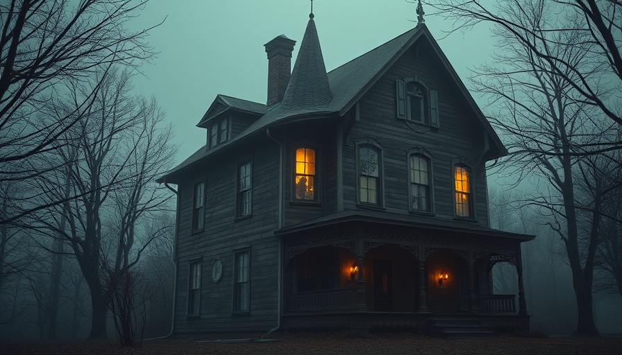 Spooky haunted house in Houston with eerie fog and glowing windows.