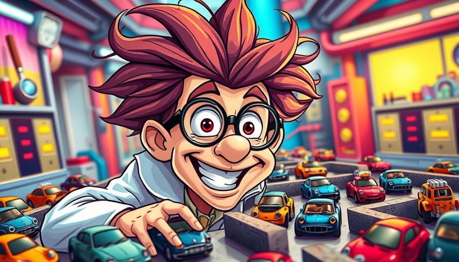 Cartoon scientist testing maze of driverless cars in Austin.