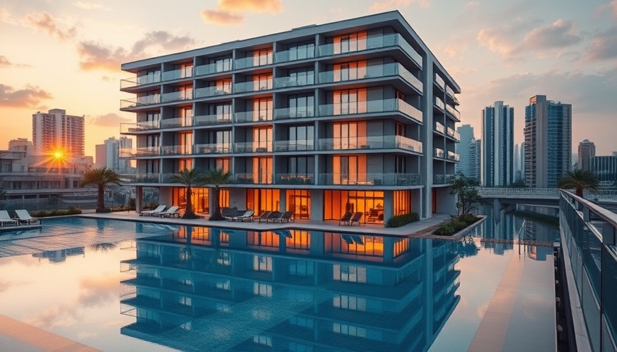 Modern apartment in northwest Houston real estate trends, sunset sky.