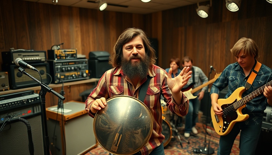 1970s band scene with cowbell in studio, More Cowbell Cowbell Exhibition Austin.