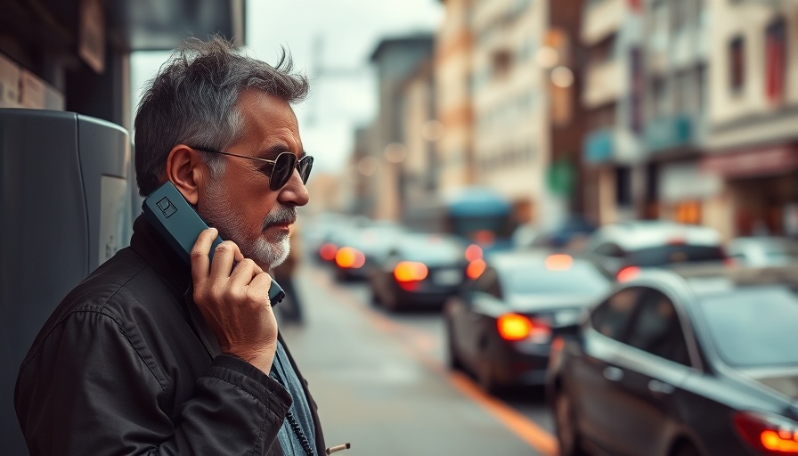 Casual man using payphone in urban Austin street scene.