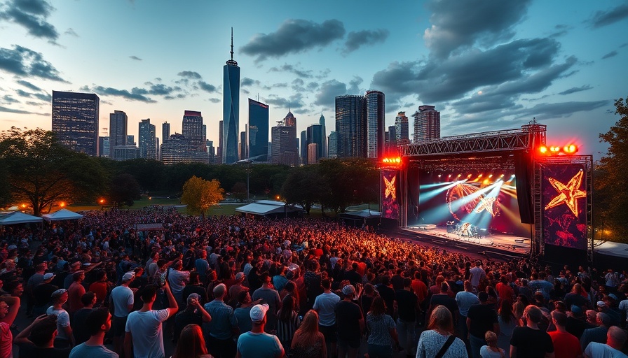 Austin City Limits Festival with skyline backdrop during colorful evening.