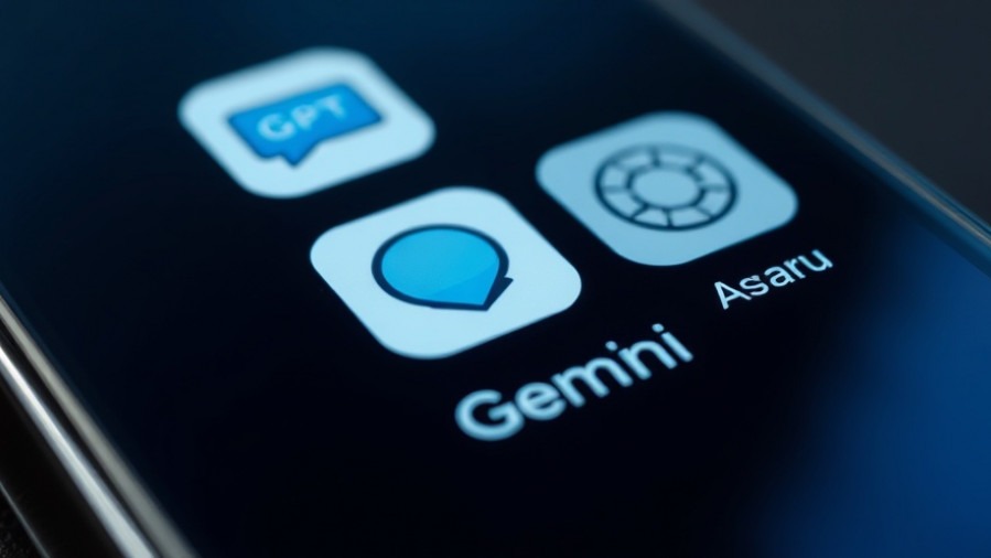 Futuristic glass smartphone displaying ChatGPT, Sora, and Gemini AI icons in Texas innovation.