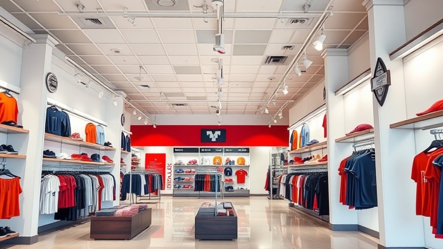 Brightly lit interior of a college sportswear retailer in Georgetown, showcasing local retail expansion.