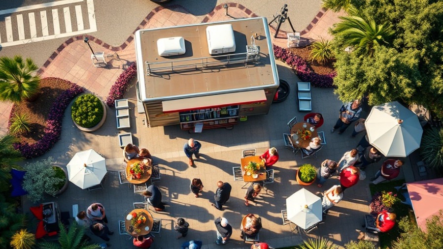 Aerial view of vibrant food truck gathering, celebrating local culture in Austin.