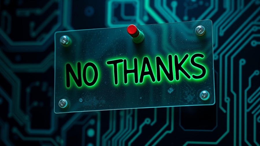 Futuristic green glass sticky note with 'NO THANKS' text, showcasing Texas innovation in automation.