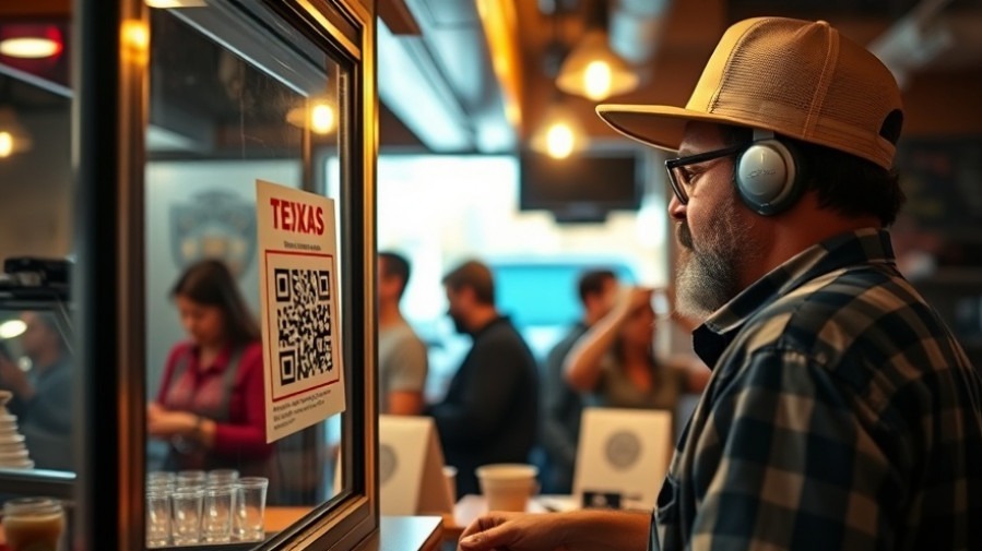 Texas small business owner at checkout with visible QR code in warm, natural lighting.
