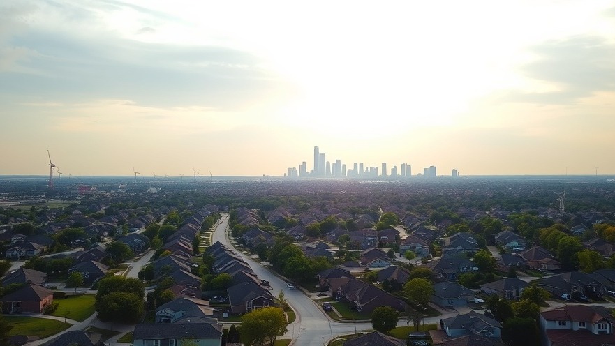 Aerial view of a central Texas subdivision with Houston skyline, showcasing affordable Houston neighborhoods and community-focused developments.