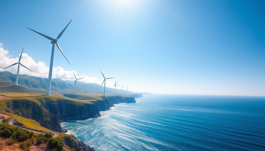 Coastal view with wind turbines under a bright sky for energy-efficient housing.