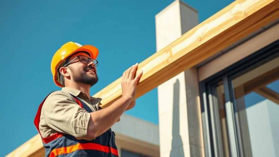 Construction worker installing roof beam with sustainable materials.