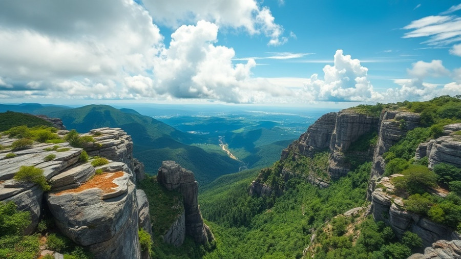 Majestic rocky cliffs and valley, dramatic sky, vibrant natural scene.