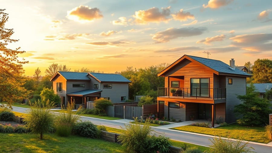 Energy efficient housing surrounded by greenery in a suburban setting.