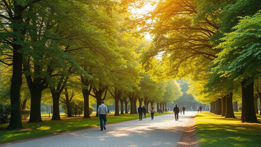 People walking in a sunlit park, showcasing energy-efficient relaxation.