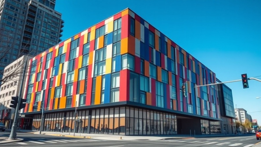 Modern building with energy-efficient facade at street intersection
