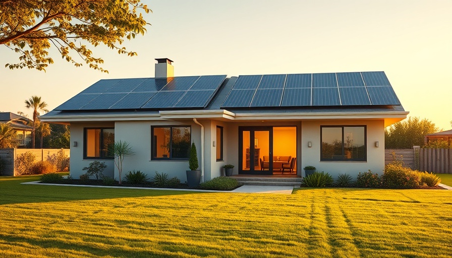 Eco-friendly modern home with solar panels and garden.