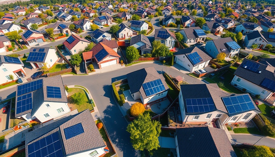 Aerial view of energy-efficient homes with solar panels.