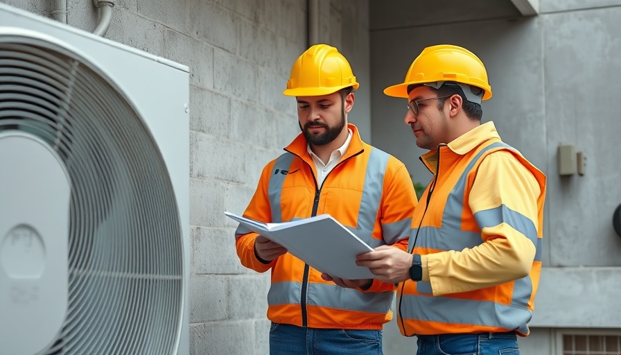 Construction workers inspecting air conditioning unit for energy efficient homes.