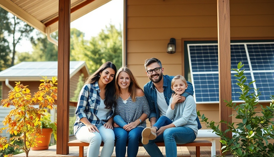 Happy family at a flat pack modular home with solar panels.