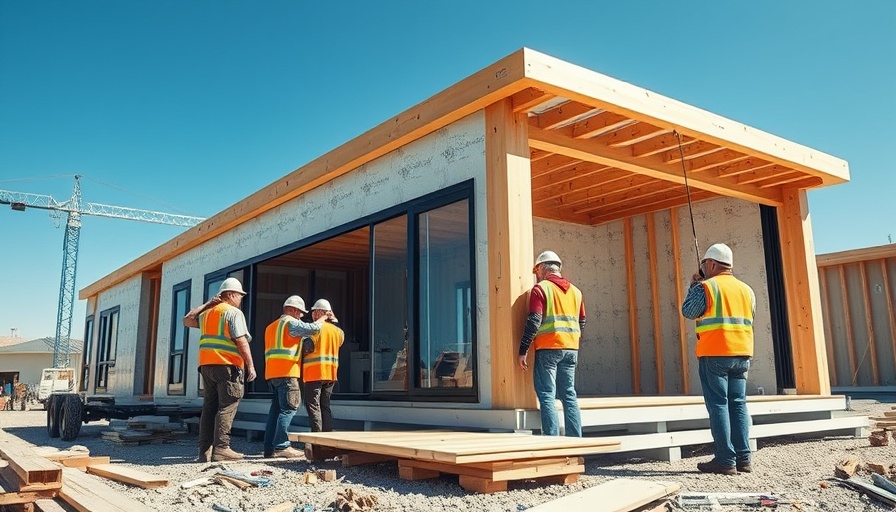 Workers assembling a SIPs modular construction under clear sky