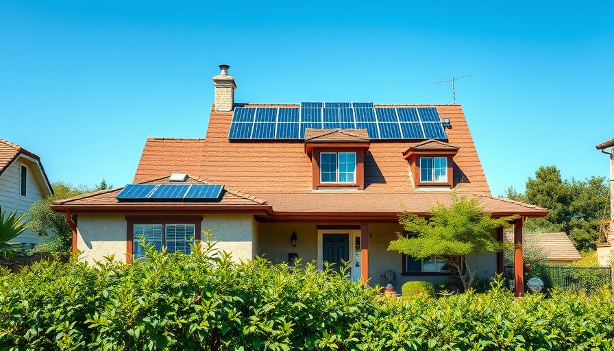 Energy-efficient home with solar panels and trees under blue sky.