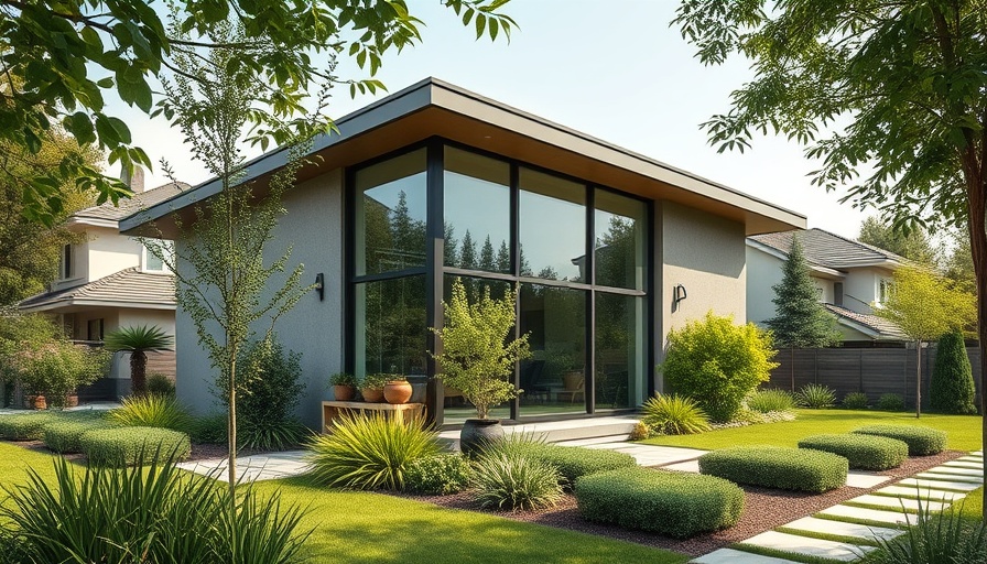 Modern house with large windows in lush garden setting.