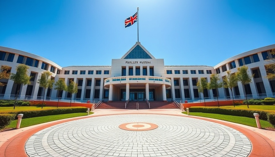 Parliament House with Australian flag under clear blue sky, National Construction Code relevance.