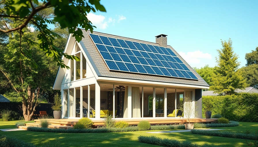 Modern energy-efficient house with solar panels and greenery.