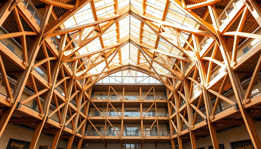 Spacious wooden atrium in green building architecture.
