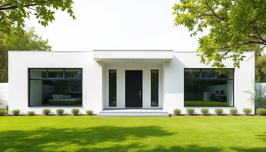 Modern minimalist home with white exterior and dark windows, showcasing stylish design.