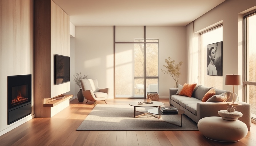 Modern living room with energy efficient heater and cozy design.