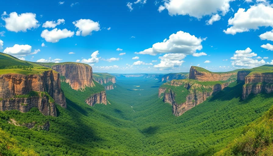 Expansive view of lush valley and rocky cliffs under blue sky.