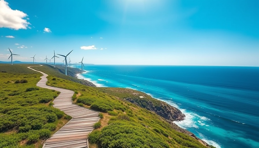 Nature Positive Housing: Scenic coastal view with wind turbines.
