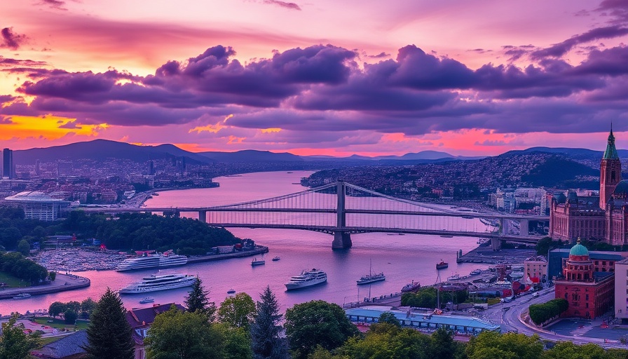 Cityscape with harbor and bridge at dusk, showcasing sustainable housing.