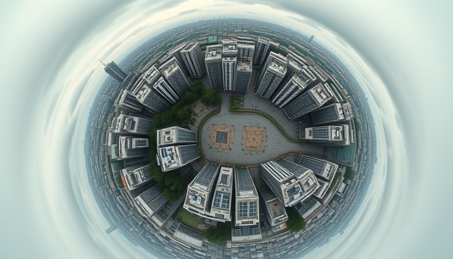 Futuristic aerial view of sustainable buildings with solar panels.