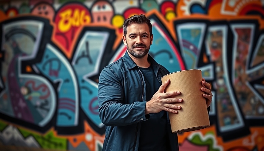 Man holding cardboard cylinder against vibrant graffiti, showcasing sustainable construction.