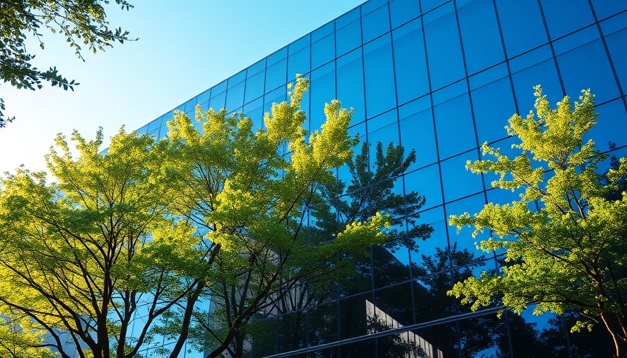 Modern glass building reflecting trees for energy-efficient housing.