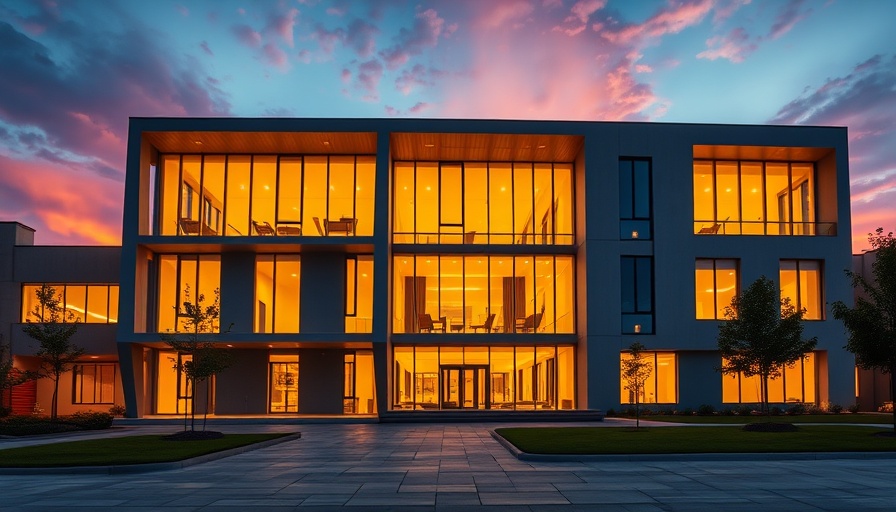 Modern building highlighting energy-efficient design at dusk.