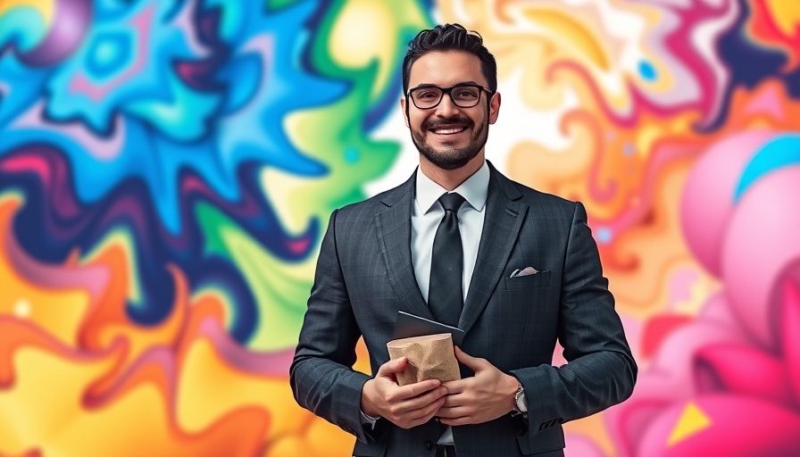 Man holding sustainable building material in front of colorful mural in Australia.