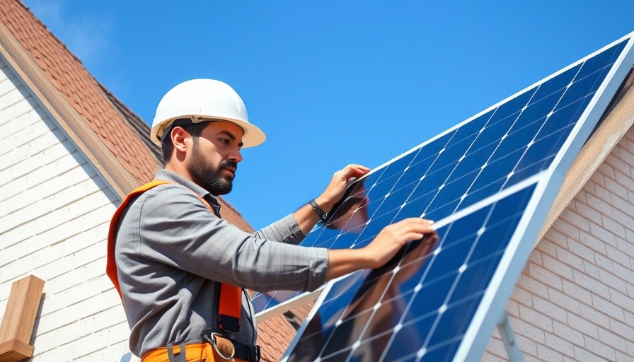 Worker installing a solar panel on a house roof for energy efficient housing.