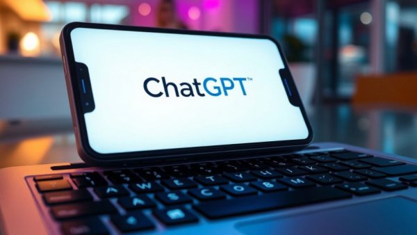 Smartphone with ChatGPT logo on laptop, modern tech scene.