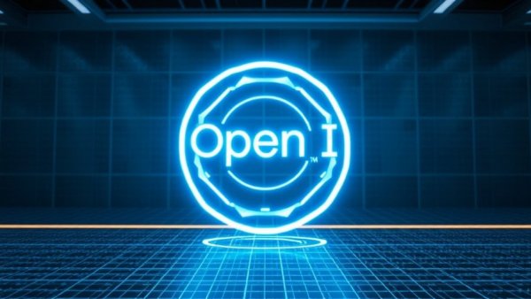 Futuristic OpenAI logo on a digital grid wall, highlighting technology.