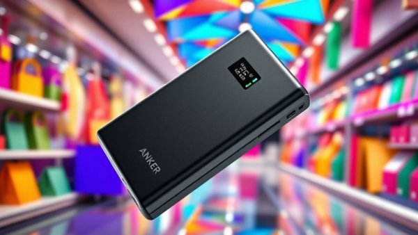 Sleek Anker laptop power bank with vibrant background, showcasing charge level.