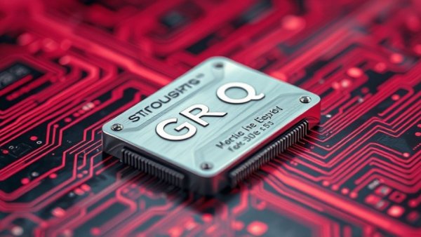 Groq AI chip with engraved details on futuristic digital background.