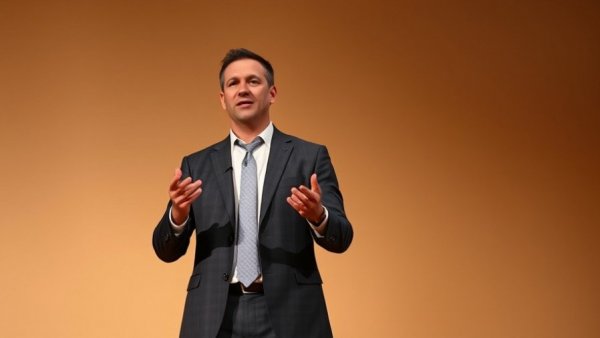 Confident speaker gesturing on stage, AI shopping agents discussion.