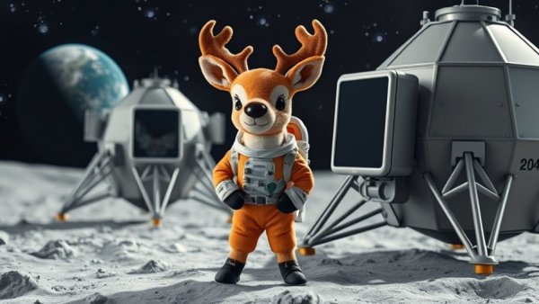 Plush toy deer astronaut on the moon near a lunar module.
