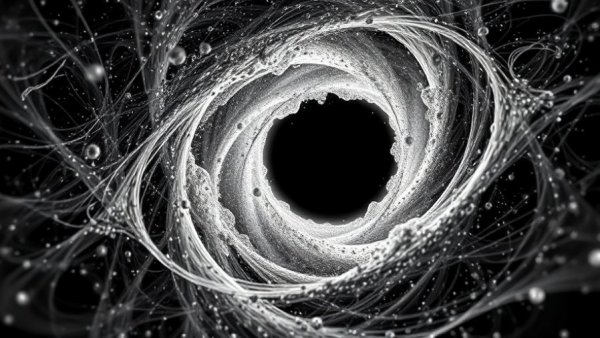 Abstract art inspired by black holes, dynamic particle swirl on dark canvas.